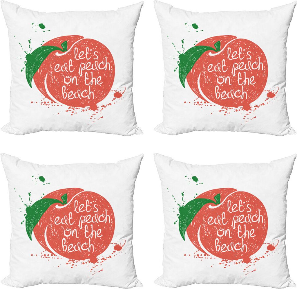 ABAKUHAUS Pfirsich Kissenbezug Set (4 Stück), Soft Fruit Quirky Wörter, Moderner Doppelseitiger Digitaldruck, 50 cm x 50 cm, Grün Coral Weiß