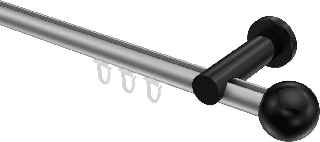 Interdeco Innenlaufstange / Gardinenstange mit Innenlauf Silbergrau / Schwarz, Typ Platon Luino (Kugel), 20 mm Ø 1-läufig, 400 cm