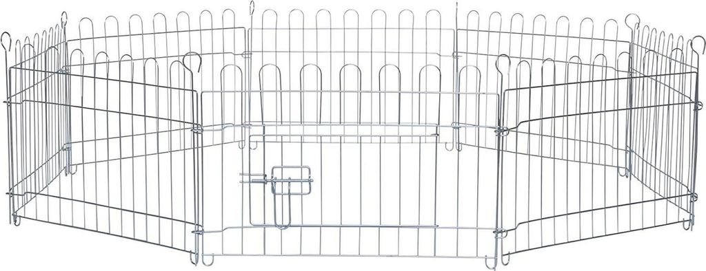 A silver metal pet playpen is shown from a slightly elevated, front-facing angle.