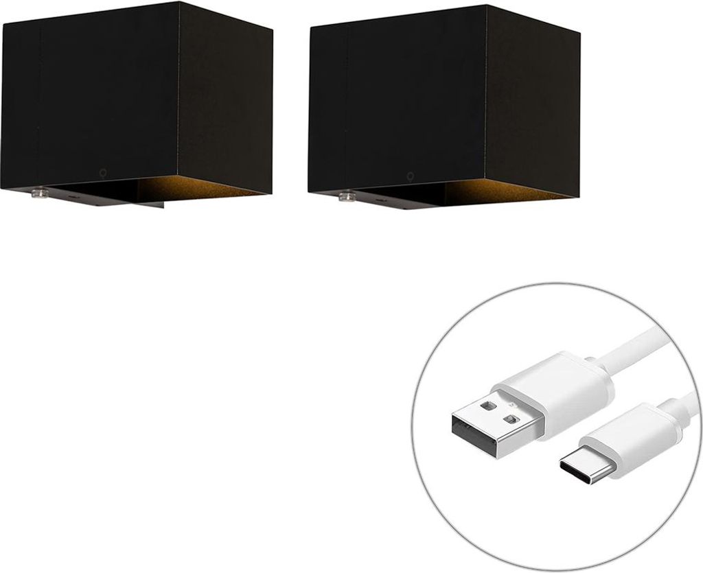 QAZQA - Modern Set mit 2 Wandleuchten Schwarz mit Dimmer Wiederaufladbar - Joris Touch-funktion Dimmer I Dimmbar I Wohnzimmer I Schlafzimmer I Up I...