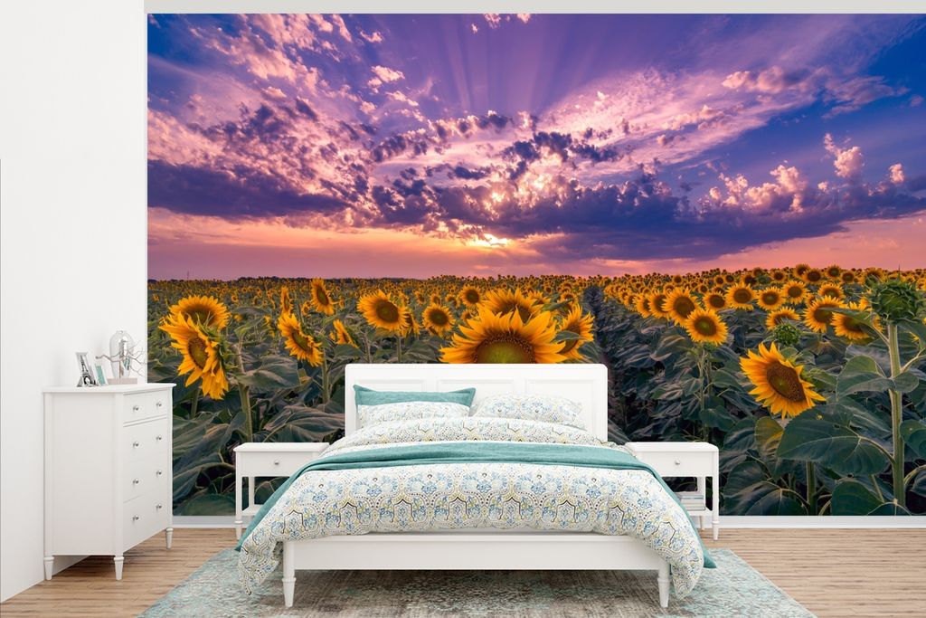 MuchoWow Fototapete für Wohnzimmer oder Schlafzimmer Wandtapete Vinyl Motivtapete Blumen - Himmel - Lila - Sonnenuntergang - 375x240 cm - Wand T...