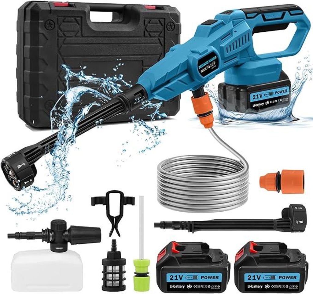6-in-1 Akku Hochdruckreiniger,120 Bar mobile Hochdruck-Wasserpistole, 3 Verstellstufen, Bürstenloser Motor, mit 2×3000 mAh Akkus, KFZ-Reiniger, ...
