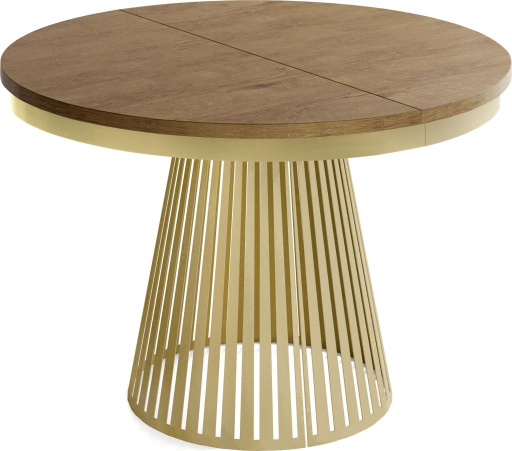 Esstisch Rund Ausziehbar mit Lamellen im Loft-Stil – 120 bis 200 cm – Industrieller Tisch mit Metallbeinen in Gold, Platzsparend für Wohnzimme...