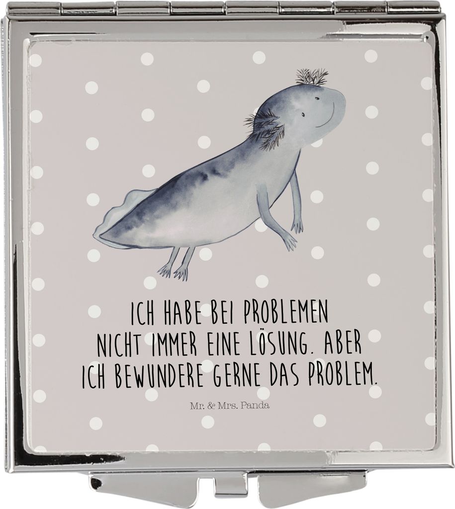 Mr. & Mrs. Panda Schminkspiegel Axolotl Schwimmen - Grau Pastell - Geschenk, Klappbarer Spiegel, Problem, Lösungen, Froh, Frauen, Freude, Klappspi...