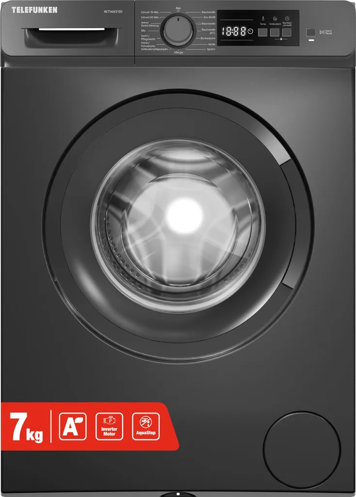 Telefunken Waschmaschine 7kg | Frontlader 1400 U/Min. | Inverter Motor | AquaStop | Schontrommel | W714AS1DI dark inox