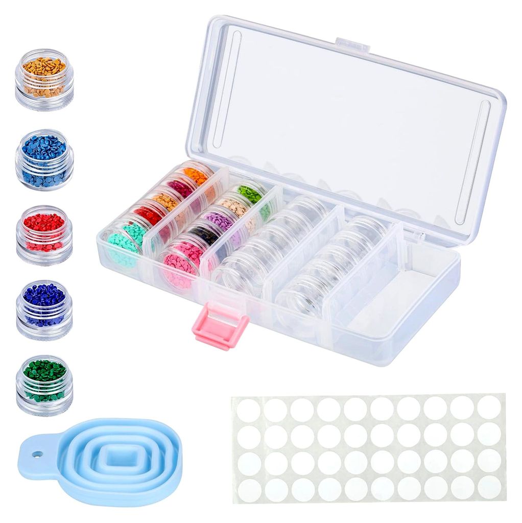 Aufbewahrungsbox für Diamond Painting - 25 stapelbare Behälter mit 40 Aufklebern und Trichter - Klare Kunststoffbox für Perlen, Schmuck, Glitzer...