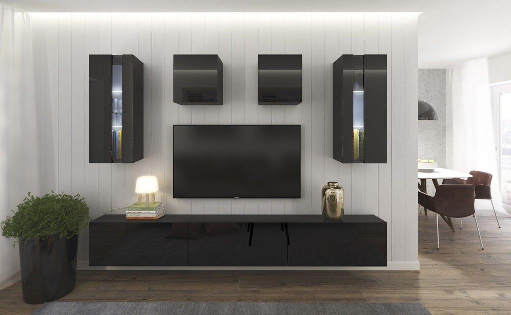 Furnitech Wohnwand Wohnzimmer - Wohnzimmer Möbel mit LED Weiß - Hängend Wohnwand Modern - Regale und TV Schrank (AN291-17B-HG20 1A Klein)