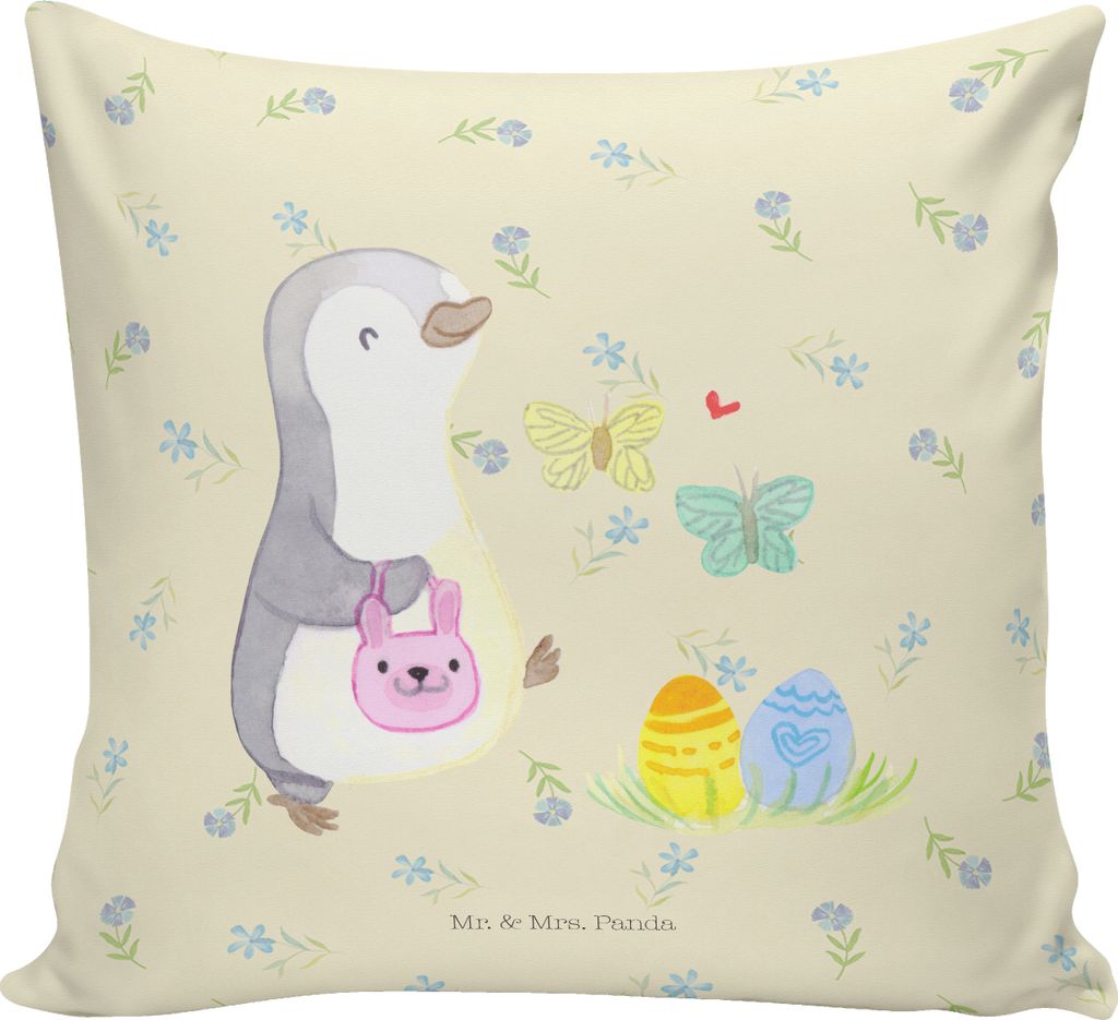 Mr. & Mrs. Panda Zierkissen Pinguin Eier suchen - Blumig - Geschenk, Couchkissen, Sofakissen, Kuschelkissen, kissen für couch, 40x40, Polster, Ostern
