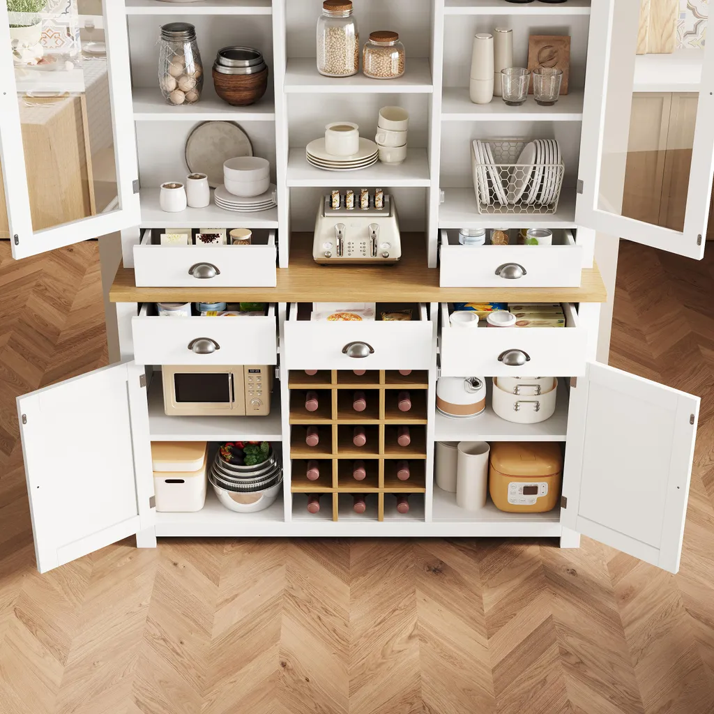 Buffet de cuisine blanc avec vitrine et casier à bouteilles design