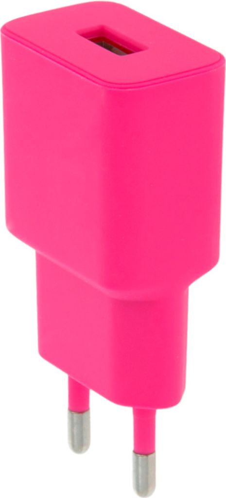 A bright pink USB charger adapter is shown against a white background.