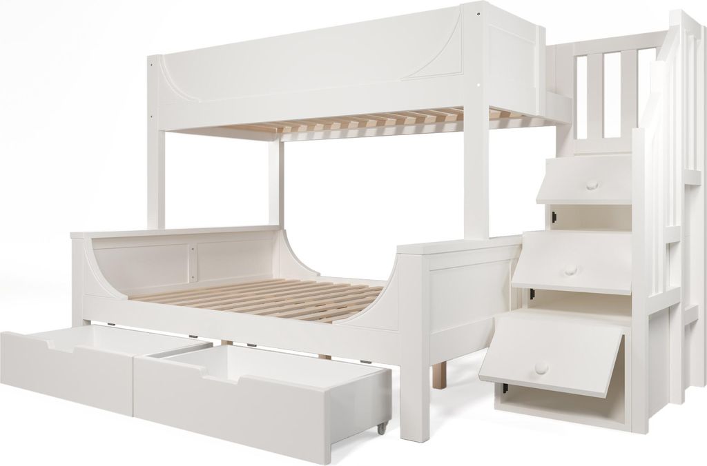 Etagenbett mit Leiterschrank & Schubladen, Holzbett mit Rausfallschutz und Lattenrost, Oben 90x200cm, Unten 140x200cm Doppelbett(Ohne Matratze)