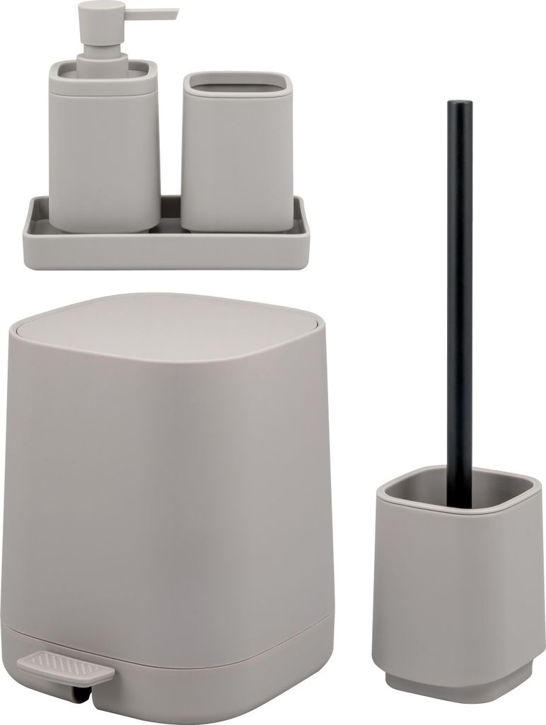 eluno Bad-Set VALONA 5tlg. mit Seifenspender, Becher, Schale, Kosmetikeimer und WC-Garnitur aus Kunststoff in Taupe