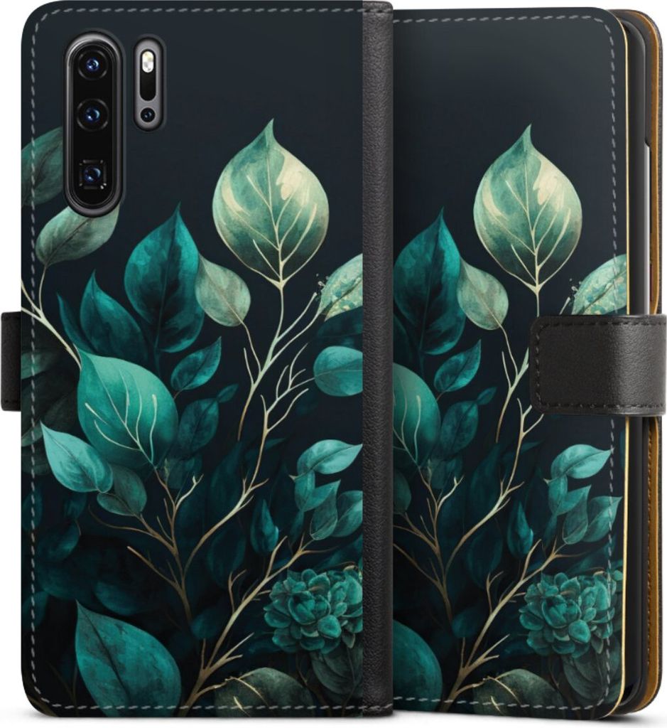 DeinDesign Klapphülle für Huawei P30 Pro New Edition Handytasche Lederhülle Tasche Blätter schwarz Eukalyptus