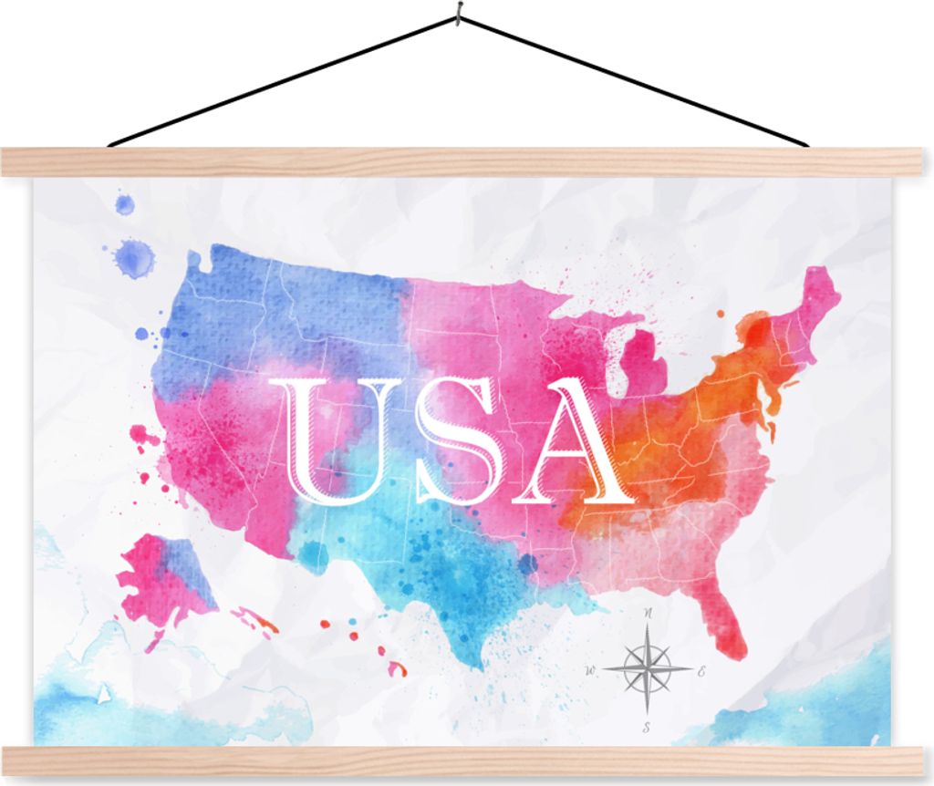MuchoWow Textilposter Amerika - Weltkarte - Aquarell 120x80 cm mit holzfarbenen Rahmen - Aufhängeset