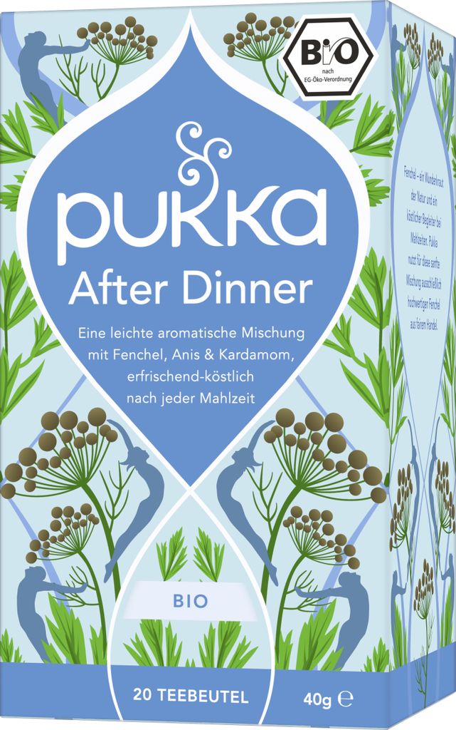 A box of Pukka After Dinner herbal tea.