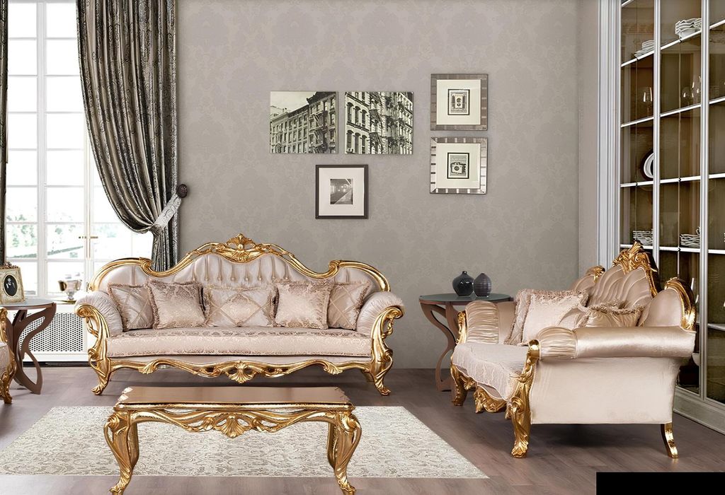 Set Dreibettsofa Sofagarnitur 3+3 Sitzer Garnitur Sofa Sofas Stoff Stil Barock