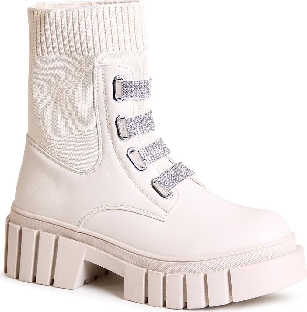 topschuhe24 2545 Damen Plateau Stiefeletten Glitzer Worker Biker Boots , Farbe:Beige, Größe:37 EU