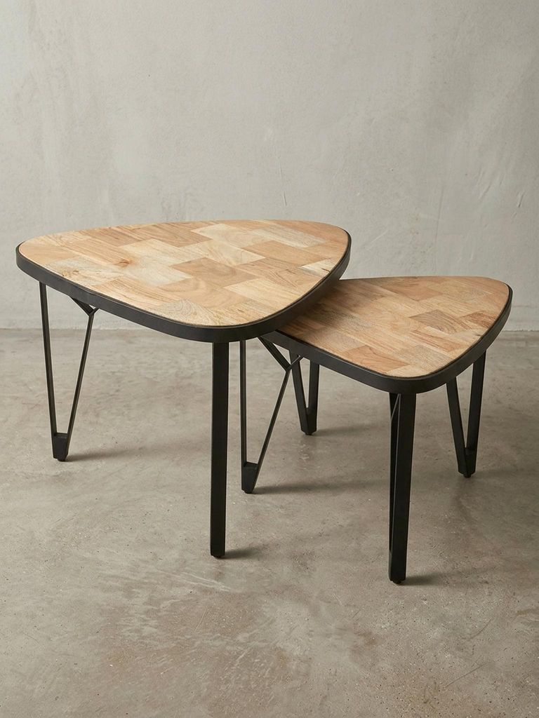 Massivholz-Metall Couchtisch Set, Industrie-Design, Platzsparend. 60x60x45 cm | Kadima Design