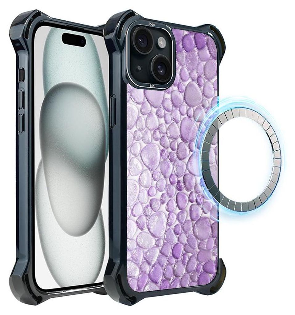 Schutzhülle für das iPhone 15, MagSafe-kompatibel, verstärkte Ecken, schwarz, violette Wassertropfen