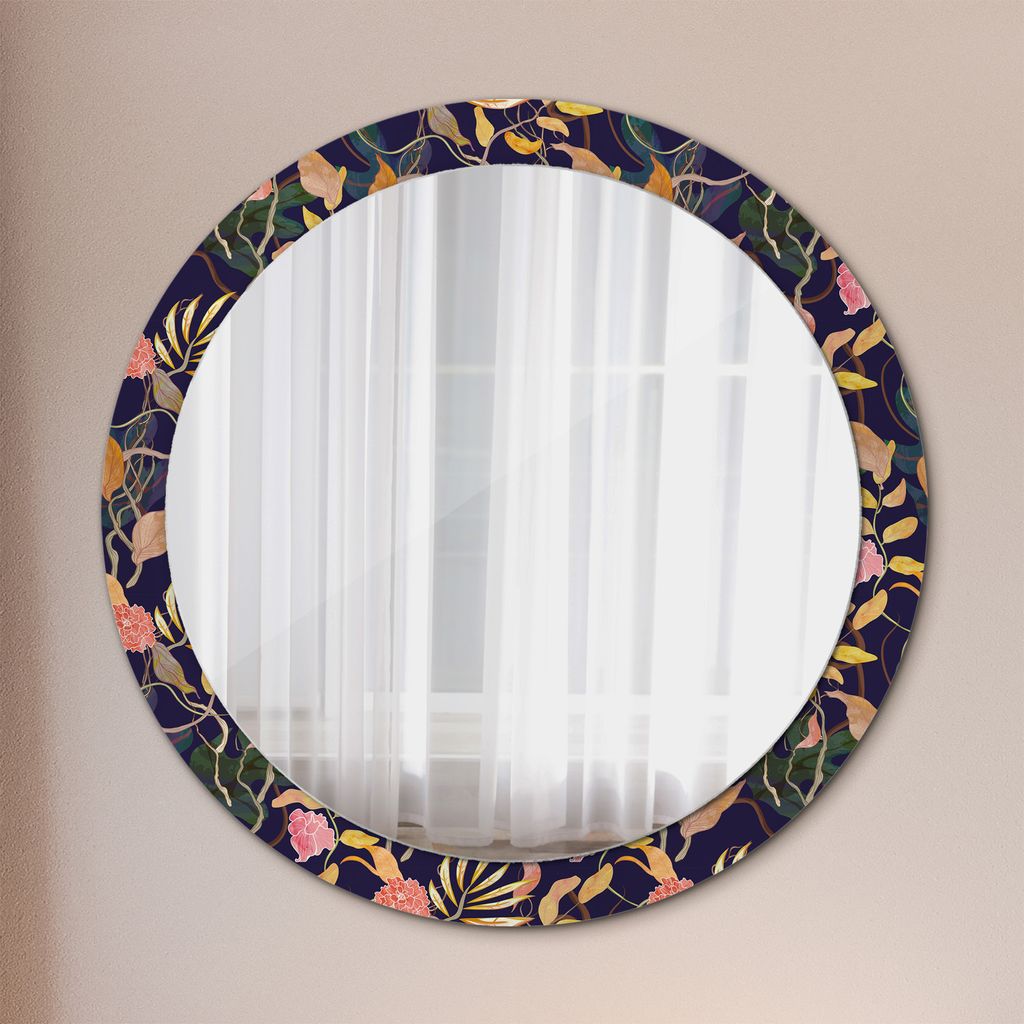 Modern Spiegel - Wandspiegel Design Wandmontage – Badspiegel mit Aufdruck - Rundspiegel - Wasserfarbe Pflanzen - Rund: Ø90cm