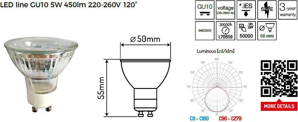 LED Lampe GU10 Kaltweiß 5W 6500K 450lm 120° Produktbild 