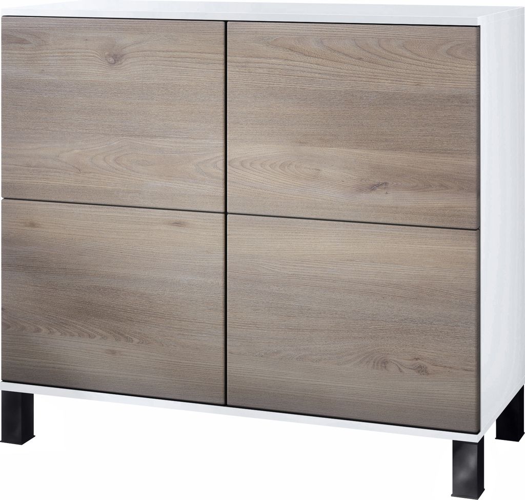 Vladon Kommode Rova V3, Moderner Küchenschrank mit 4 Push-to-Open Türen Weiß matt / Eiche Nordic (92,5 x 84.5 x 35)