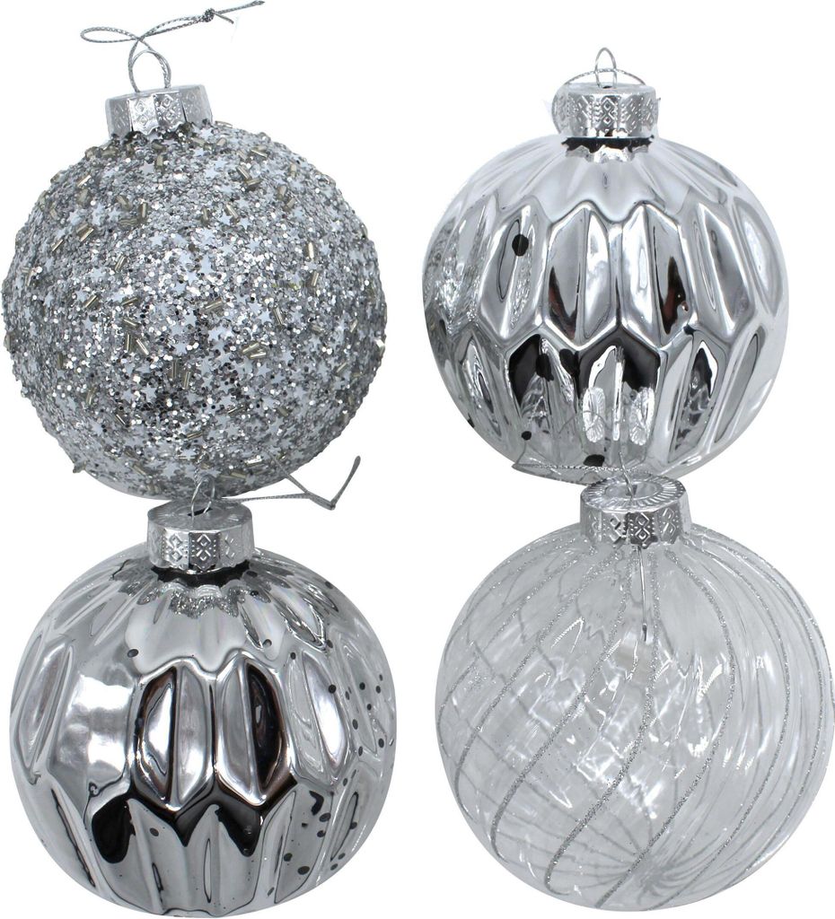 Glas Weihnachts-Kugel Mix Ø 10cm - 4 Stück silber