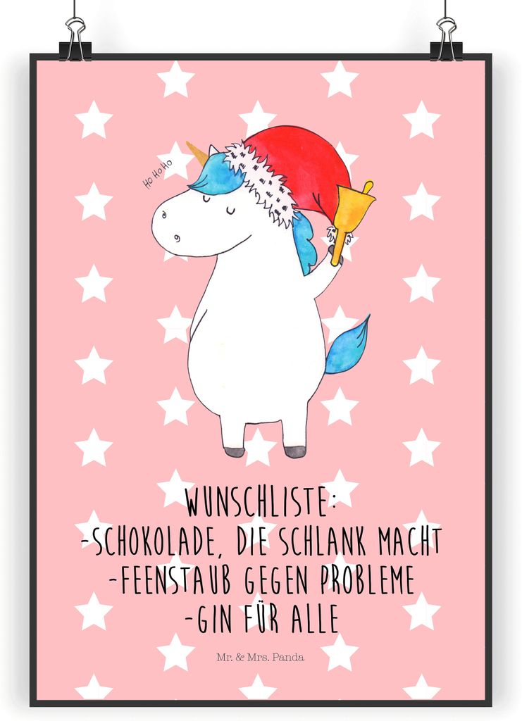 Mr. & Mrs. Panda Bild Einhorn Weihnachtsmann DIN A5 - Rot Pastell - Geschenk, wandkunst, Weihnachten, Gin, Wanddekoration, Unicorn, wanddeko, druck...
