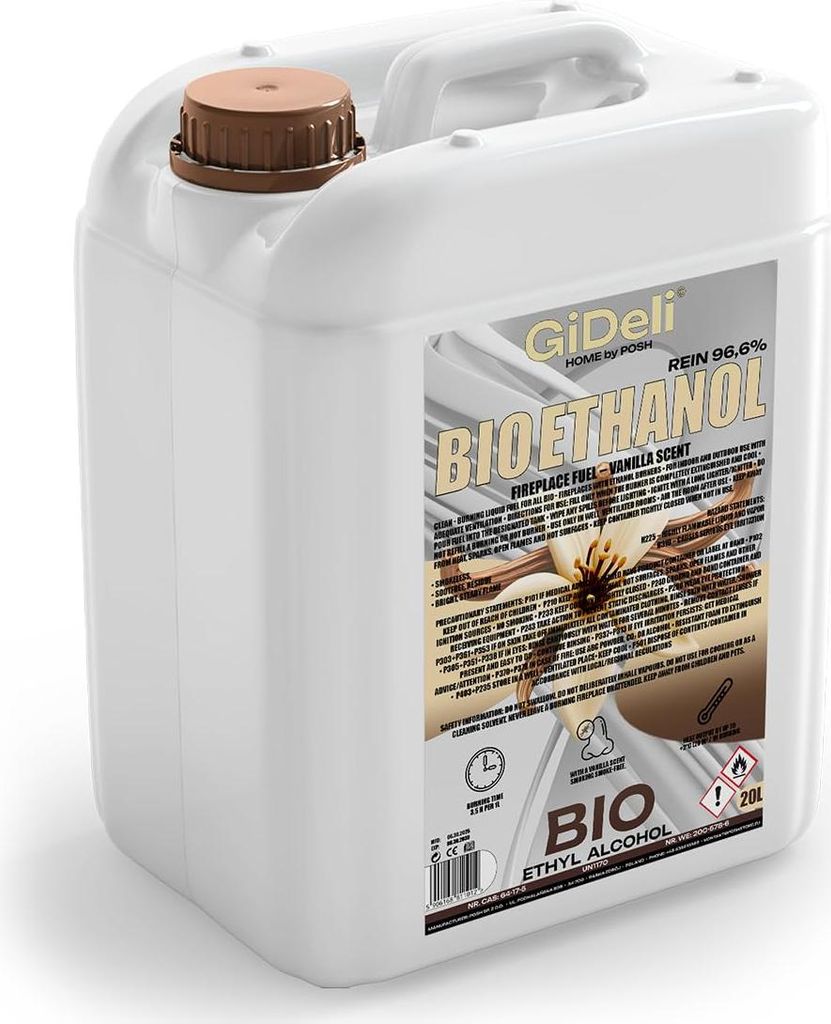 Bioethanol Vanilleduft 96,6% 20L für Kamin Universal Rauchfrei Rußfrei GiDeli