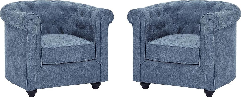 Satz von 2 gepolsterten Sesseln aus blauem Stoff CHESTERFIELD