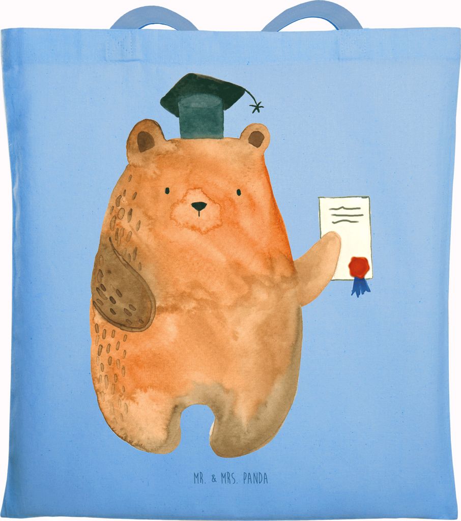Mr. & Mrs. Panda Tote Bag Bär Prüfung - Sky Blue - Geschenk, Laptoptasche, Schultasche, Abschluss, Tragetasche, Prüfungen, dokumententasche, Abs...