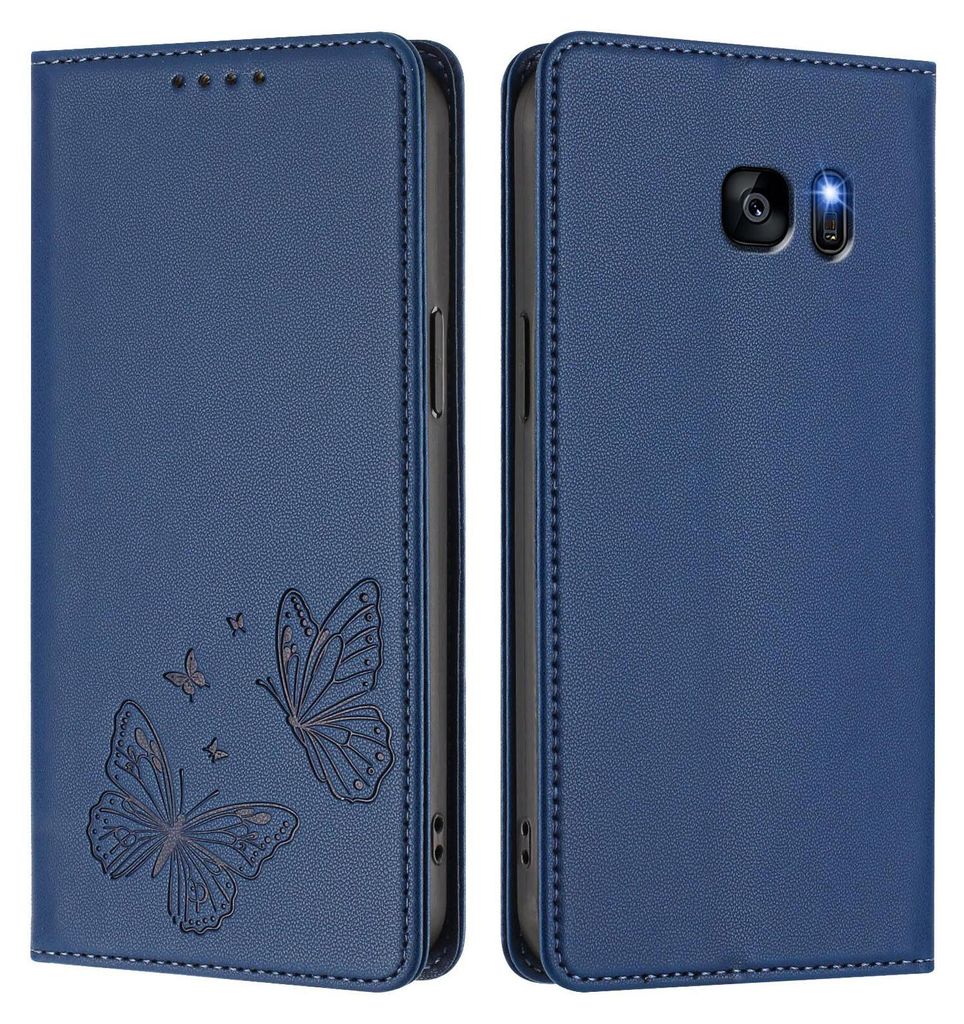 Lederhülle für Samsung Galaxy S7 Edge, Schmetterling Prägung Leder Brieftasche Schutzhülle mit Ständer Dunkelblau