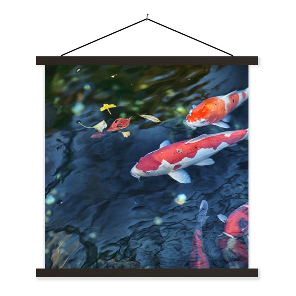 MuchoWow Textilposter Vier Koi-Karpfen in einem Teich 60x60 cm mit schwarzem Rahmen - Posteraufhänger