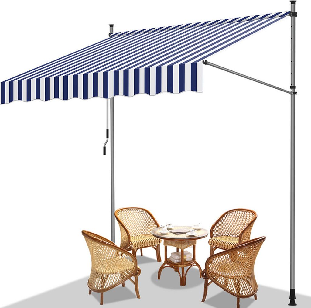 Yakimz Markise Klemmmarkise Balkonmarkise ohne Bohren-höhenverstellbar Sonnenmarkise UV-beständig & wasserabweisend 350cm Weiß Blau