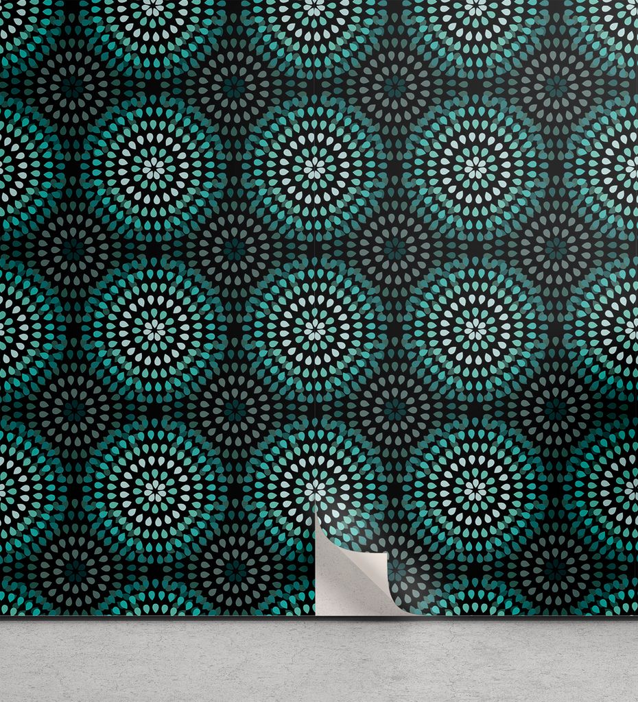 ABAKUHAUS Ikat abziehbare & klebbare Tapete für Zuhause, Retro Blumenmotive, selbstklebendes Wohnzimmer Küchenakzent, 33 cm x 250 cm, Teal Schwar...