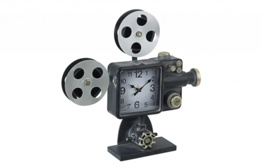 Horloge décorative design caméra de cinéma en métal noir et argenté