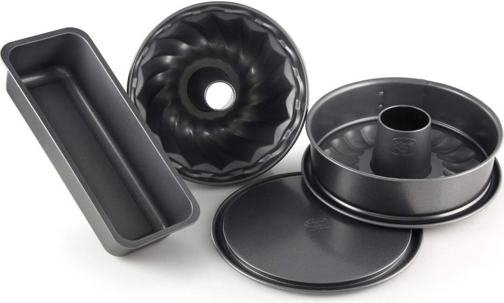 Dr. Oetker 4er Backformen-Set BACK-HARMONIE, Springform (Flach- und Rohrbodeneinsatz), Kastenform und Gugelhupfform, Kuchenformen mit keramisch ver...
