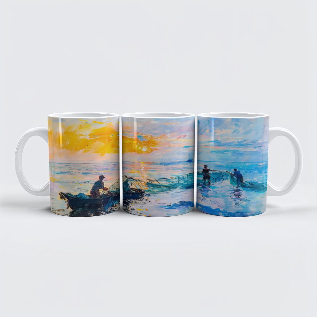 raxxa Premium-Tasse "Fishermen at Sunset Impressionist Coastal Scene"