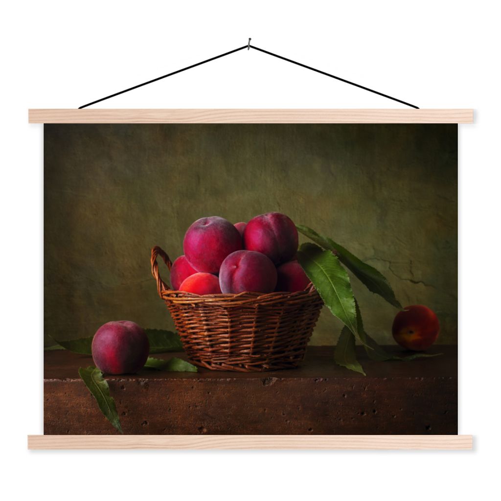 MuchoWow Textilposter Korb - Pflaume - Rosa - Rustikal - Obst - Stilleben 60x45 cm mit holzfarbenen Rahmen - Bild
