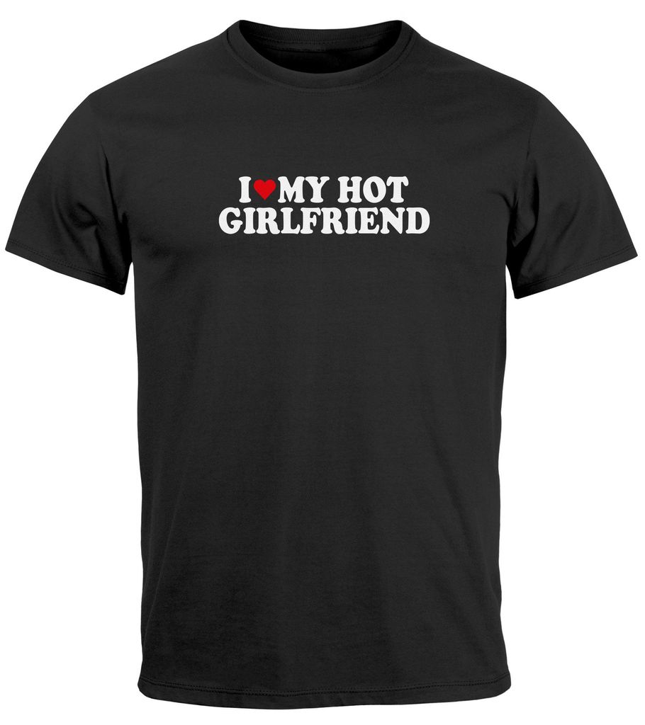 Herren T-Shirt I love my hot Girlfriend Herz Fun-Shirt Spruch lustig Printshirt Aufdruck Schrift Moonworks Girlfriend schwarz L