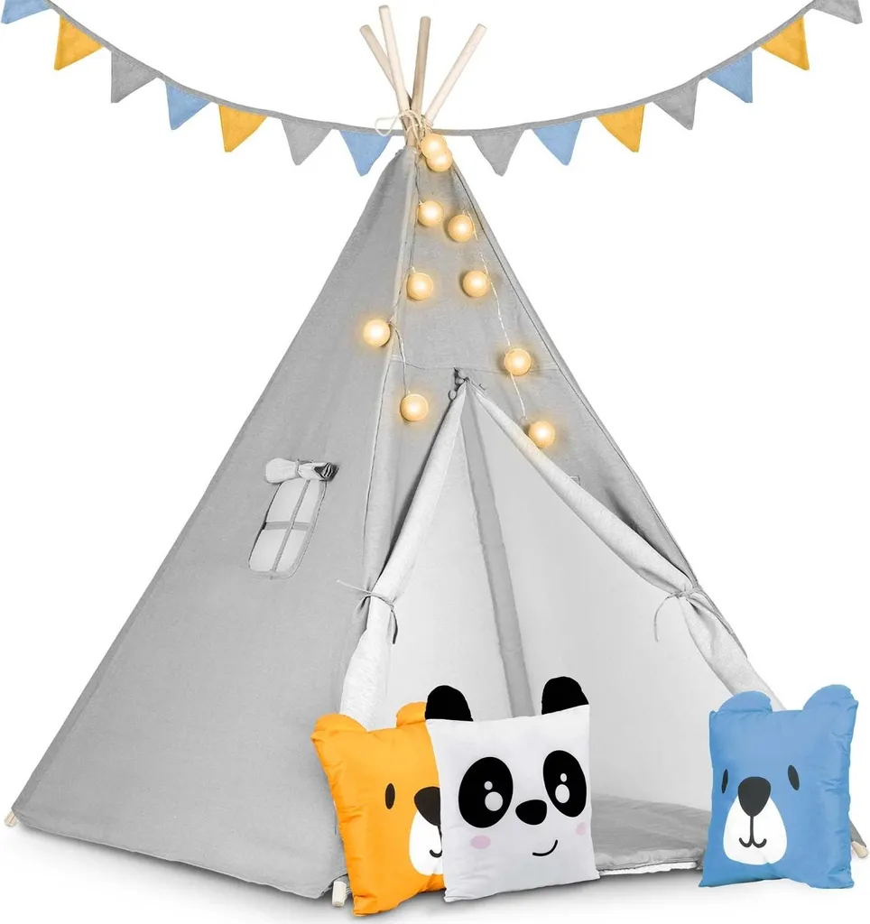 Cabane enfant intérieur Nukido tipi gris et guirlande d'ambiance 150cm