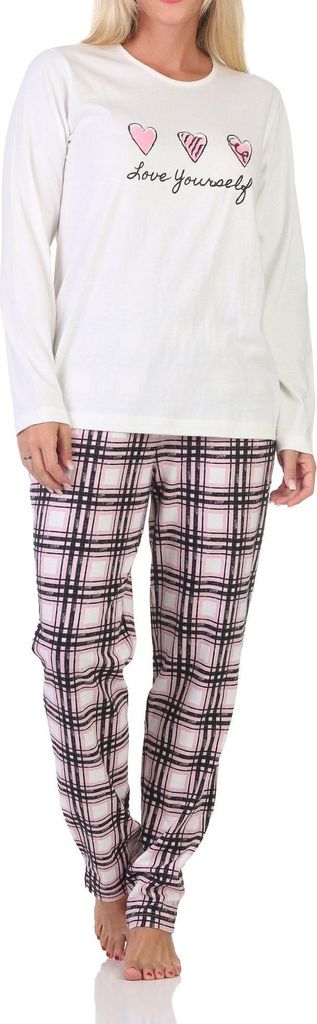 Normann Damen Schlafanzug mit karierter Pyjama-Hose aus Jersey - auch in Übergrößen ; weiß , 52