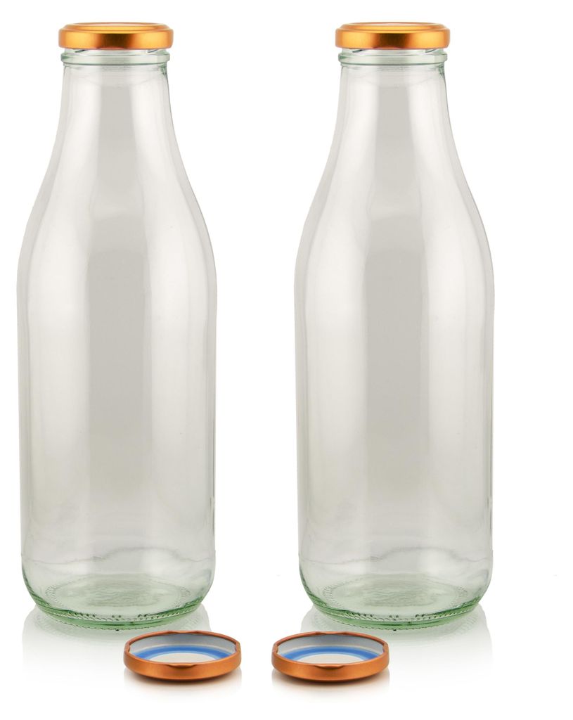 Milch Glasflaschen transparent im Set mit 2 Flaschen und Ersatzdeckeln kupfer