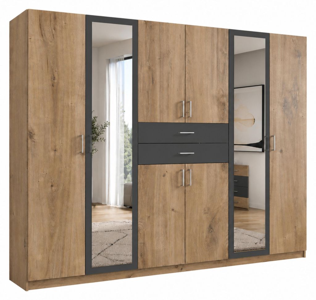 Drehtürenschrank Kleiderschrank 270 cm Schubkästen Spiegel Produktbild 