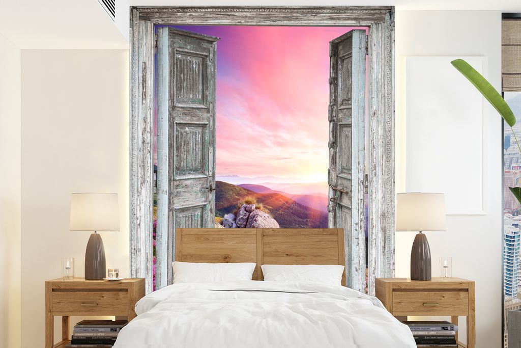 MuchoWow Fototapete für Wohnzimmer oder Schlafzimmer Wandtapete Vinyl Motivtapete Berge - Landschaft - Aussicht - Blumen - 195x260 cm - Wandbild