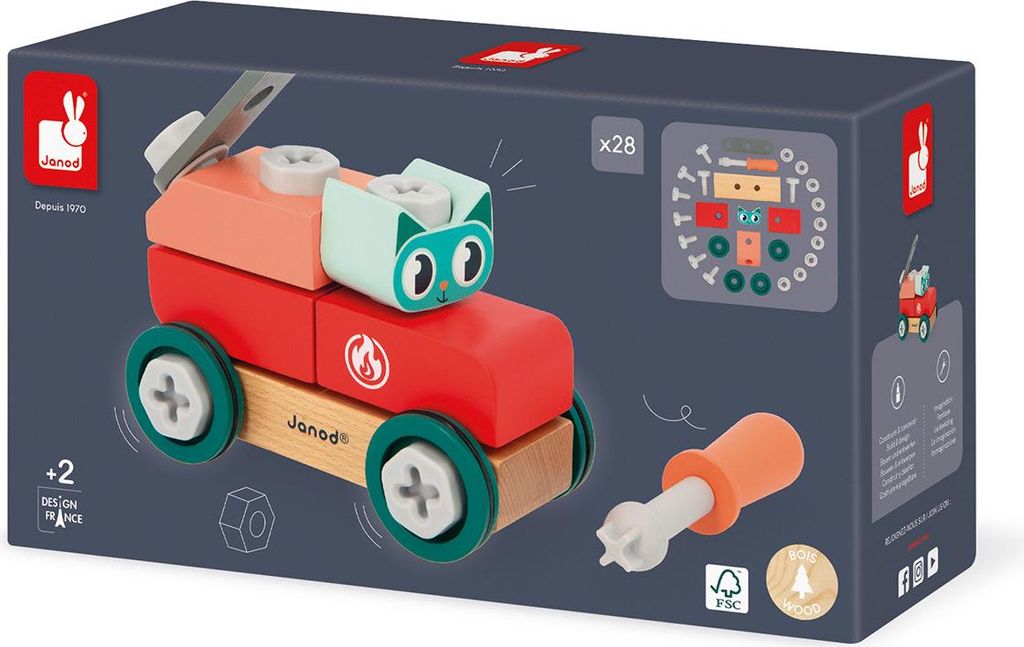 Janod Brico'Kids - Bauset Wagen mit Katze - Holzspielzeug