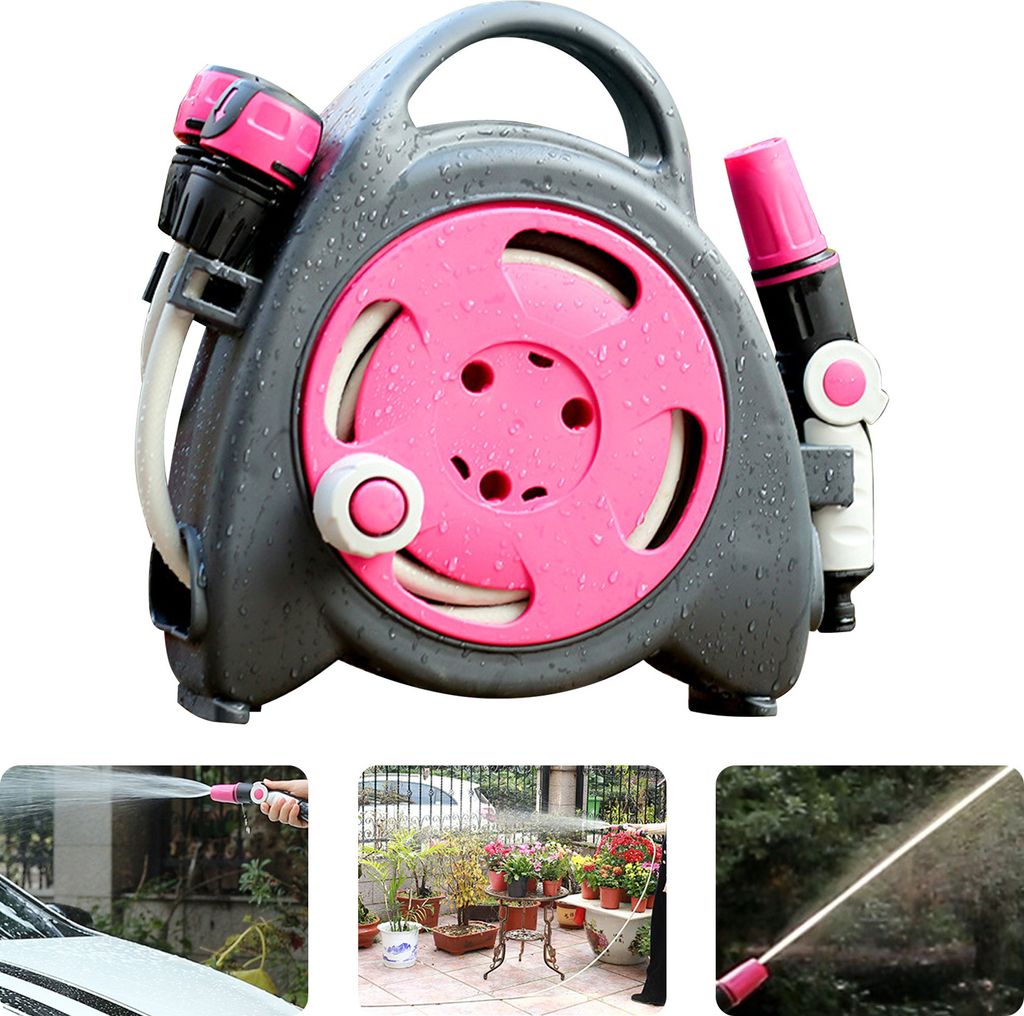 Einziehbarer Gartenschlauchaufroller, 37,7 Fuss, tragbarer Wasserschlauchaufroller fuer draussen, mit 3-in-1-Spruehduese, automatischer Spruehverri...