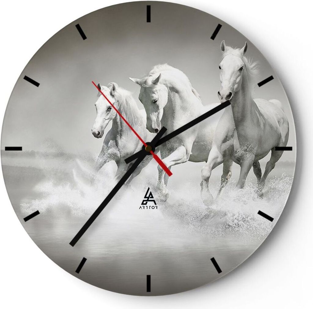 Wanduhr - Rund - Glasuhr - Bauernhof pferde galopp freiheit - 30x30cm - Schleichendes Uhrwerk - Lautlos - zum Aufhängen bereit - Dekoration Modern...