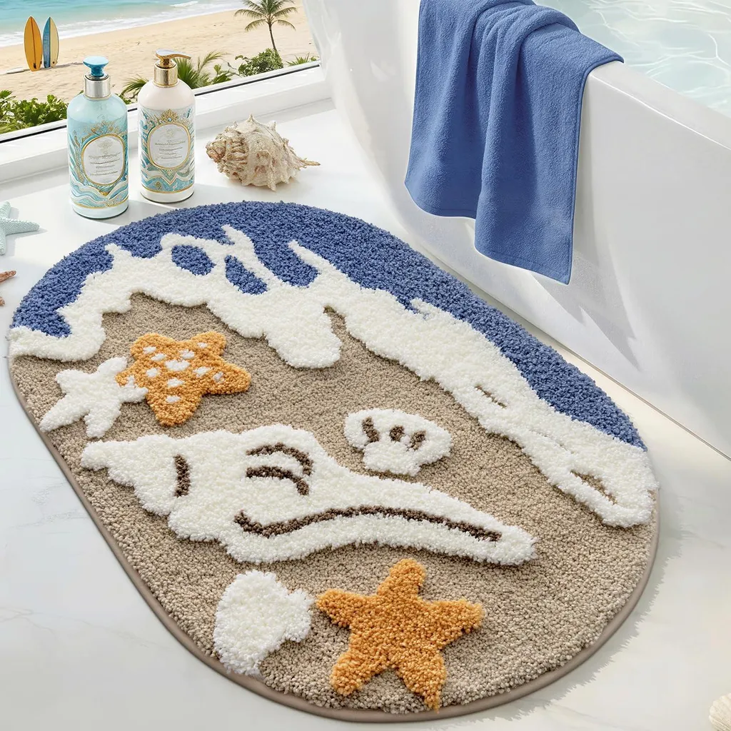Tapis de bain ovale 54x86 cm antidérapant avec motif étoiles de mer