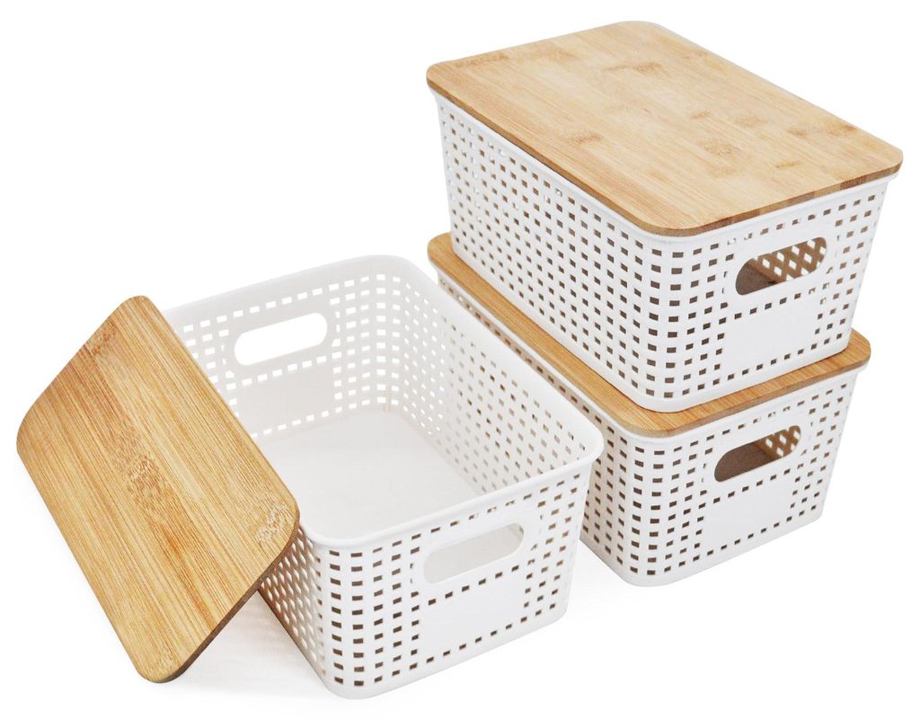 Aufbewahrungsboxen mit Bambusdeckel, 5 Liter, weiß, 25 x 18 x 10 cm